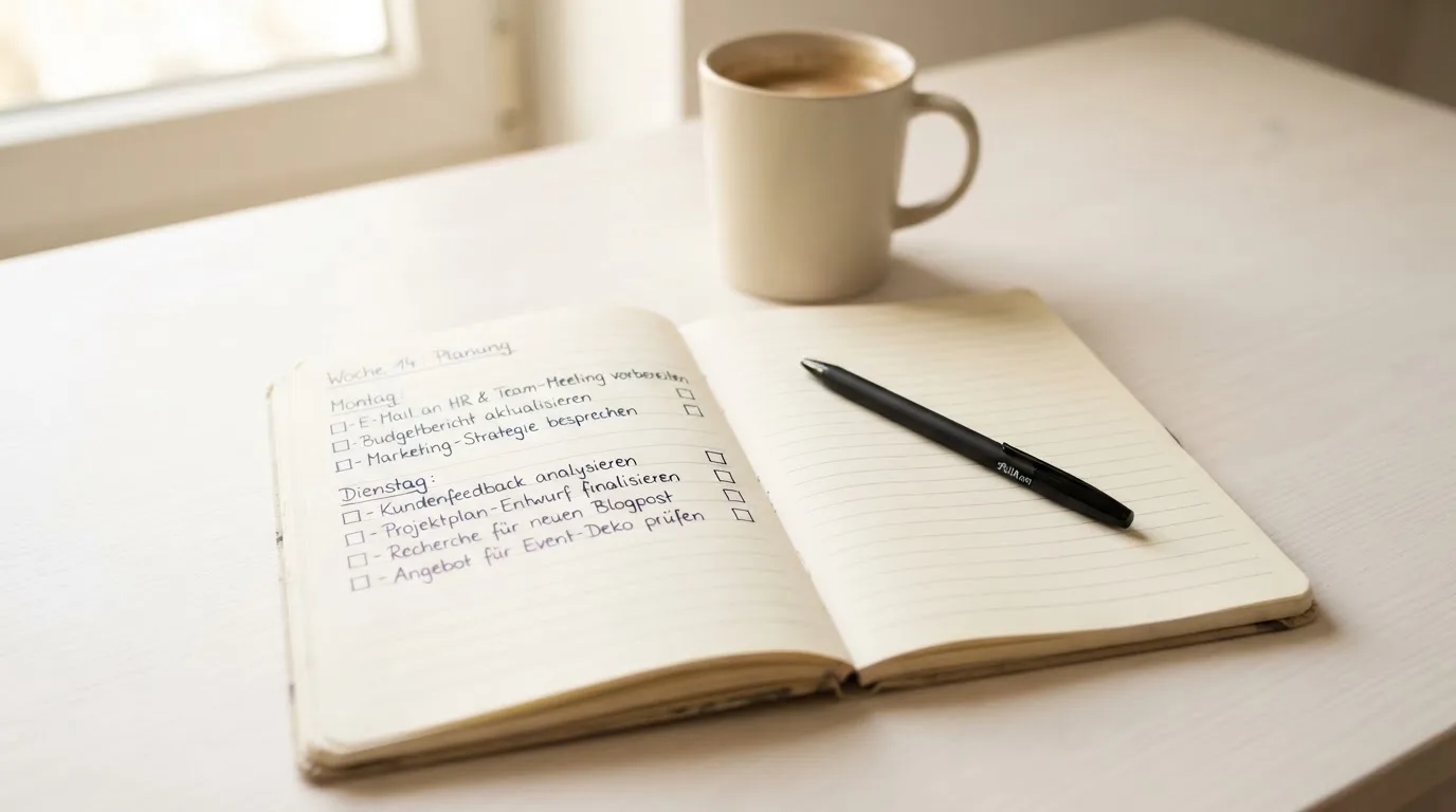 Ein aufgeschlagenes Notizbuch mit handschriftlichen Notizen und ein Kugelschreiber liegen auf einem hellen Schreibtisch neben einer Kaffeetasse.