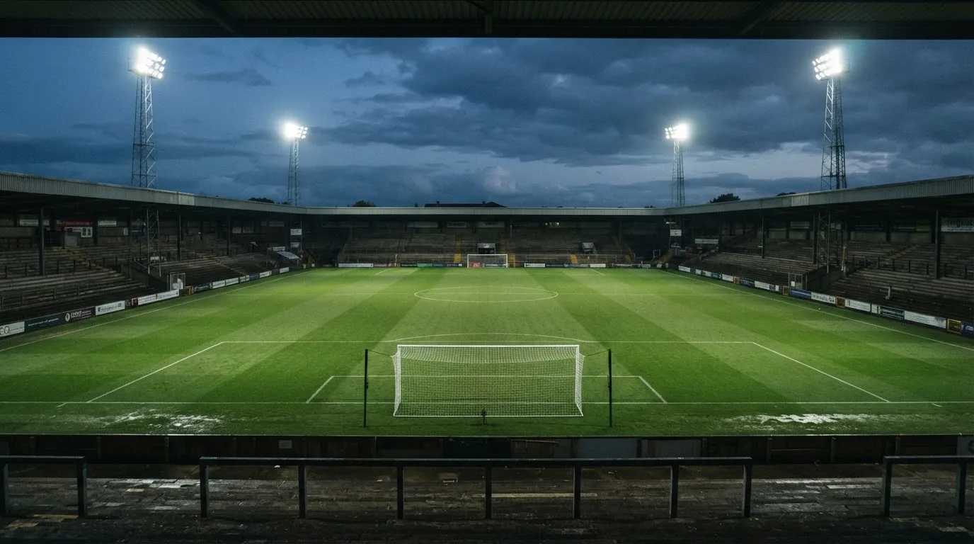 Ein Fußballplatz mit Flutlichtmasten in der Abenddämmerung, aus der Ferne gesehen, leere Tribünen und nasser Rasen unter bewölktem Himmel.