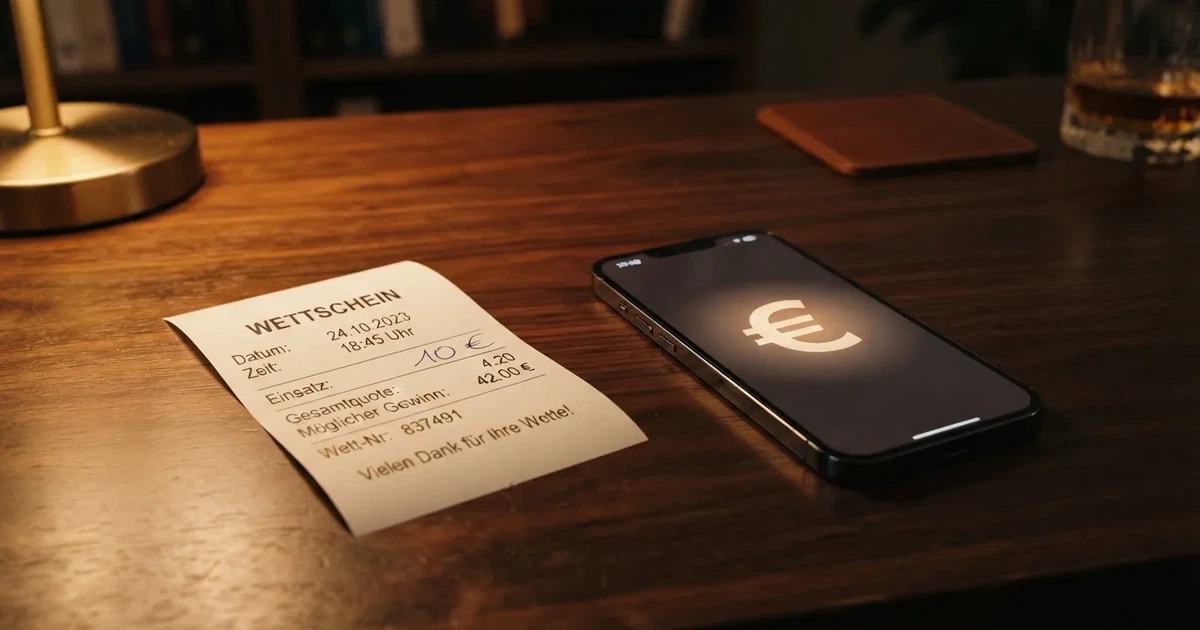 Ein leerer Wettschein aus Papier liegt neben einem Stapel Euro-Münzen auf einem dunklen Holztisch, seitlich von einer Schreibtischlampe beleuchtet.