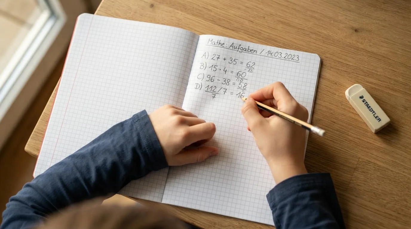 Eine Hand schreibt mit Bleistift Rechenschritte in ein kariertes Heft, daneben liegen ein Radiergummi und ein Taschenrechner.