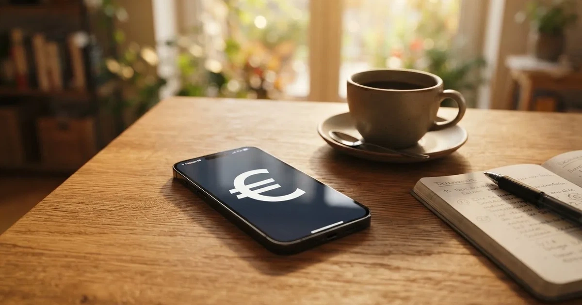 Zwei Euro-Scheine und ein Smartphone liegen auf einem Holztisch neben einer Tasse, im Hintergrund ein unscharfes Fenster.