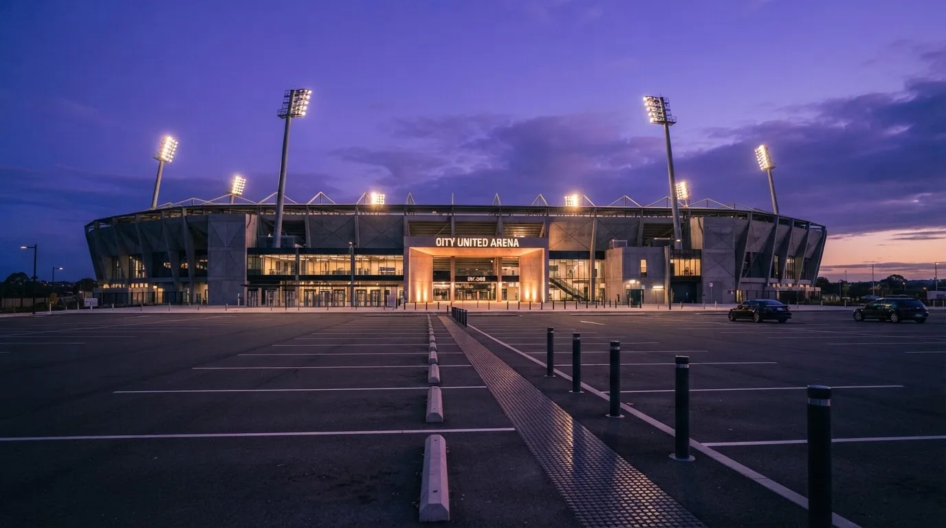 Ein Fußballstadion von außen in der Dämmerung, hohe Flutlichtmasten vor einem violetten Himmel, davor ein leerer Parkplatz.