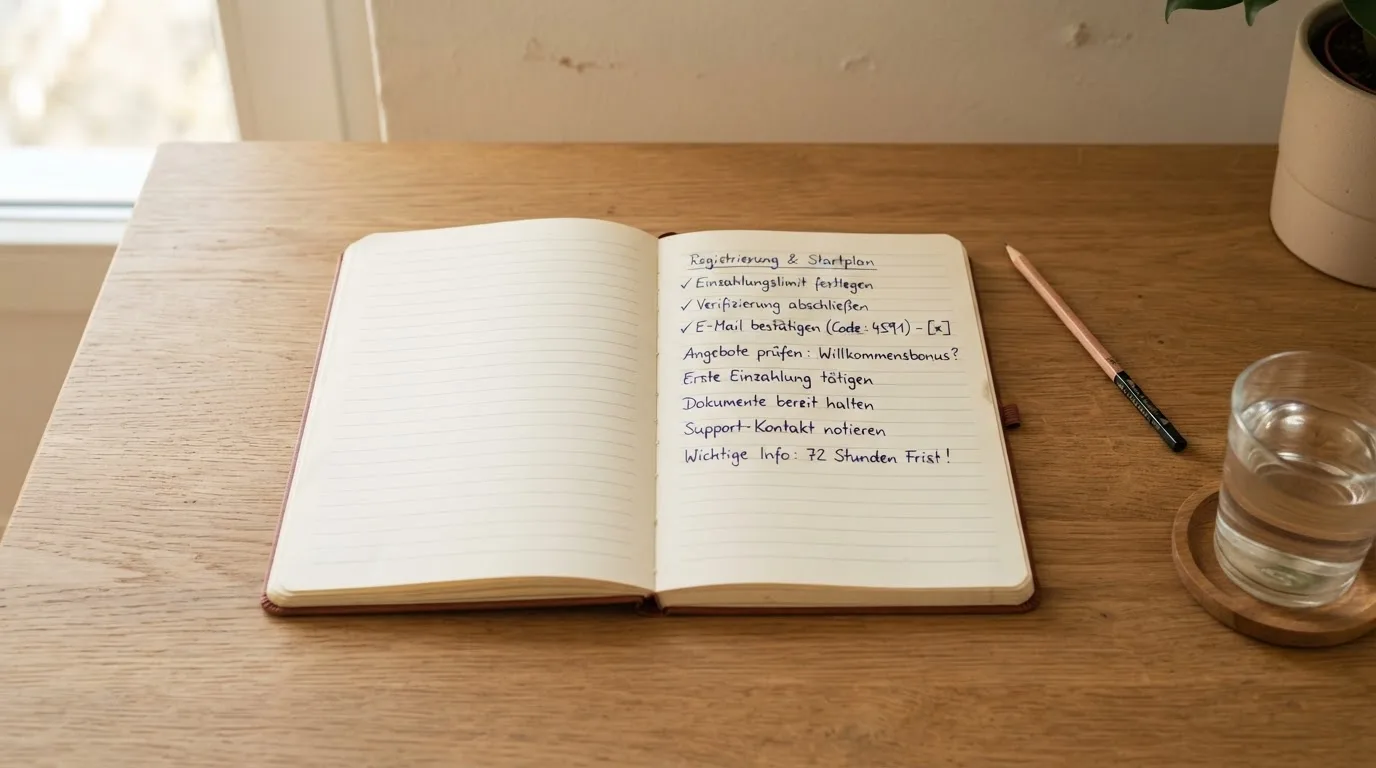 Ein aufgeschlagenes Heft mit handschriftlichen Notizen und ein Bleistift liegen auf einem Schreibtisch, daneben ein Glas Wasser.