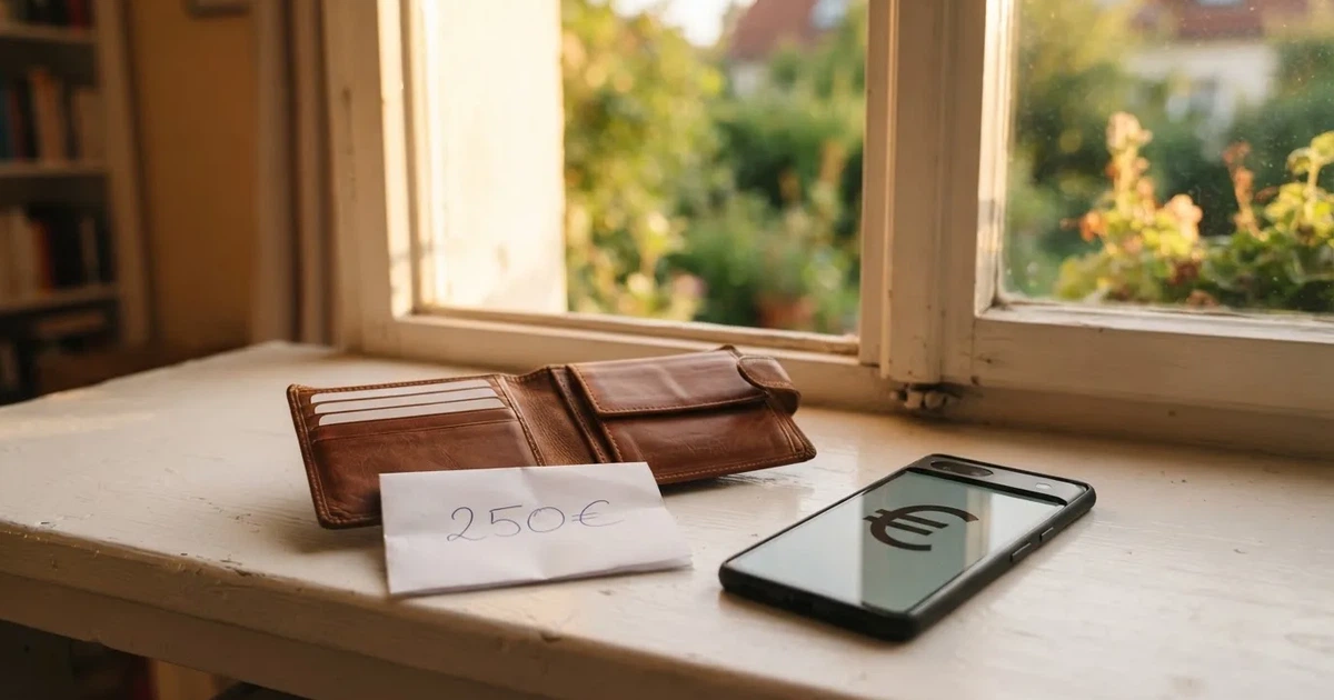 Eine Geldbörse aus Leder liegt geöffnet neben einem Smartphone auf einer Fensterbank, im Hintergrund ein Garten im Gegenlicht.