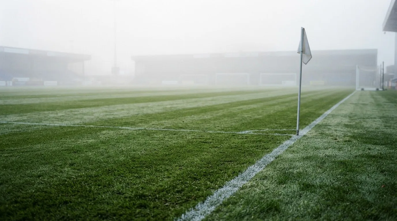 Der Rand eines Spielfelds mit weißer Linie und Eckfahne bei Nebel am frühen Morgen, ohne Menschen.