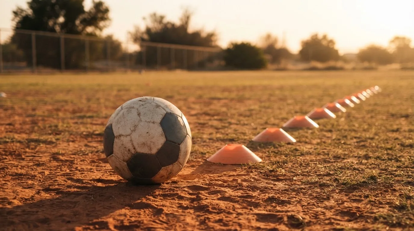 Ein Fußball auf rotem Sandboden neben einer Reihe Hütchen auf einem Trainingsplatz bei untergehender Sonne.