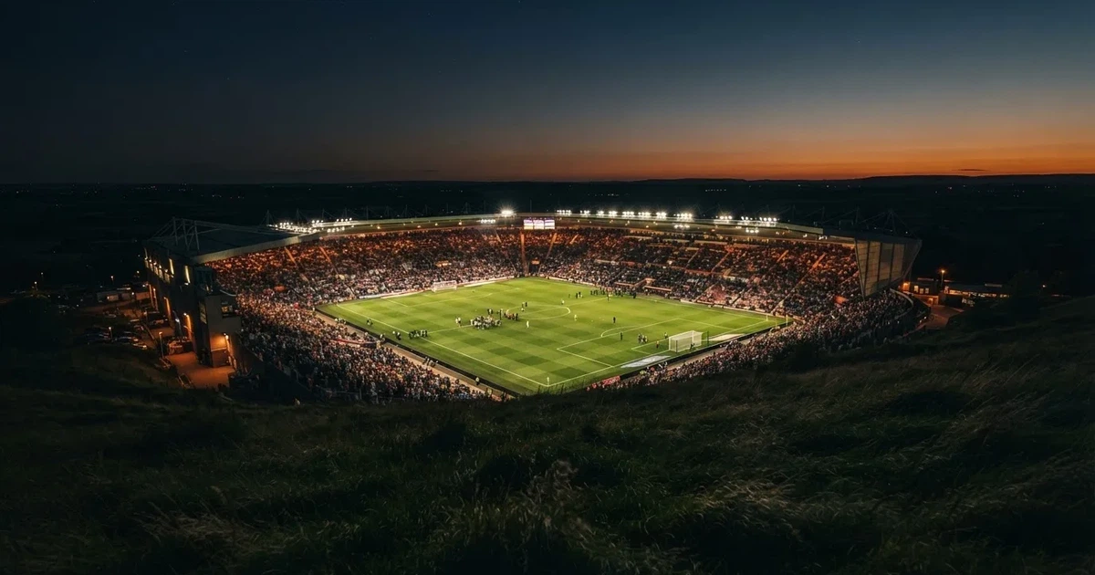 Ein Fußballstadion unter Flutlicht mit hellen Rängen, von einem Hügel aus gesehen, darüber ein dunkelblauer Abendhimmel.