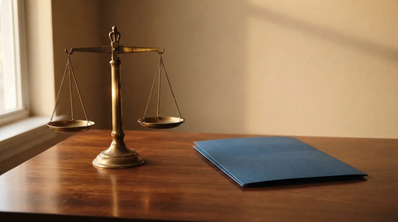 Eine Waage aus Messing und ein geschlossener Aktenordner ohne Beschriftung stehen auf einem polierten Schreibtisch.