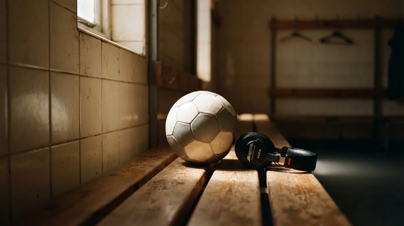 Ein Fußball liegt neben Kopfhörern auf einer Holzbank in einer Umkleide, Licht fällt durch ein schmales Fenster.