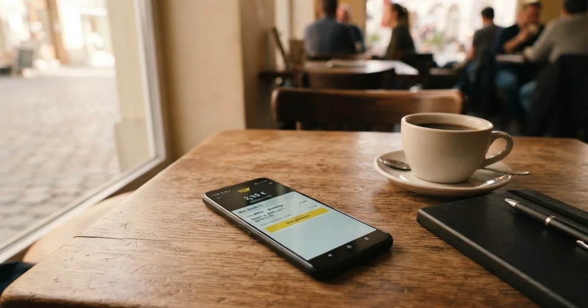 Ein Smartphone mit dunklem Bildschirm liegt auf einem Tisch in einem Café, daneben eine Tasse und ein Notizbuch.