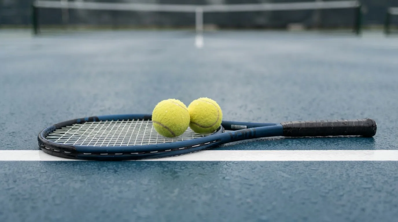 Zwei Tennisbälle und ein Schläger liegen auf der Grundlinie eines Hartplatzes, kleine Wassertropfen glänzen auf dem Belag.