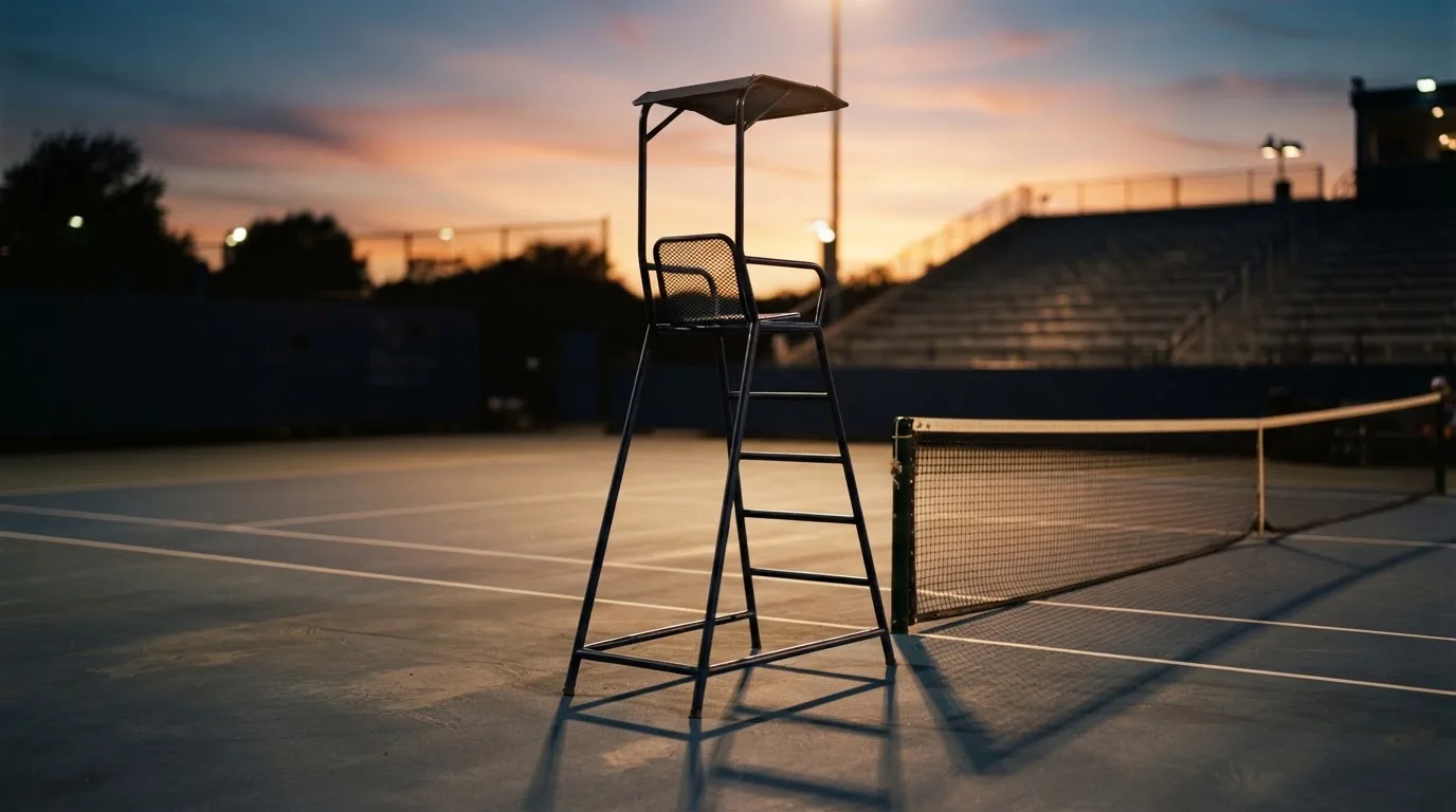 Ein leerer Schiedsrichterstuhl am Spielfeldrand eines Tennisplatzes im Abendlicht, lange Schatten auf dem Belag.