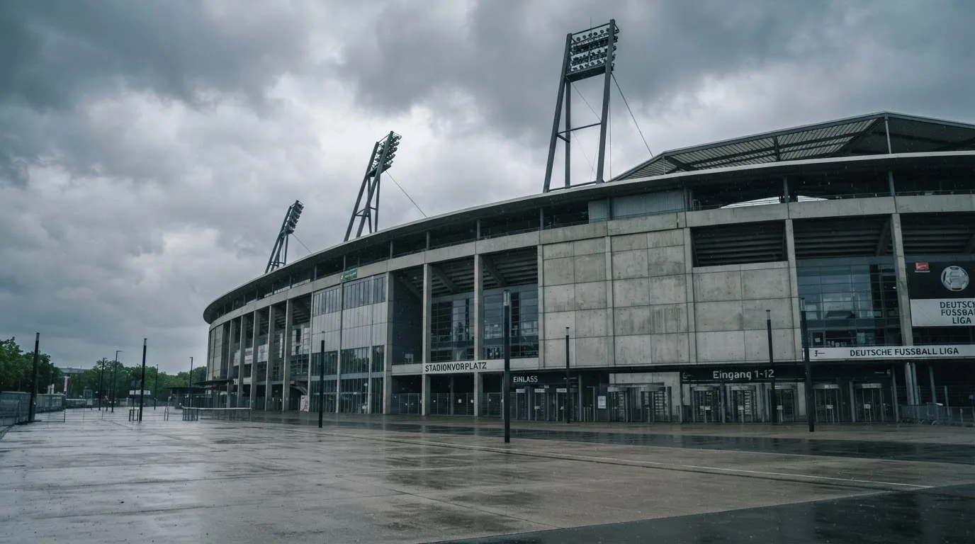 Ein leeres Stadion von außen, hohe Flutlichtmasten vor einem grauen Himmel mit Regenwolken.