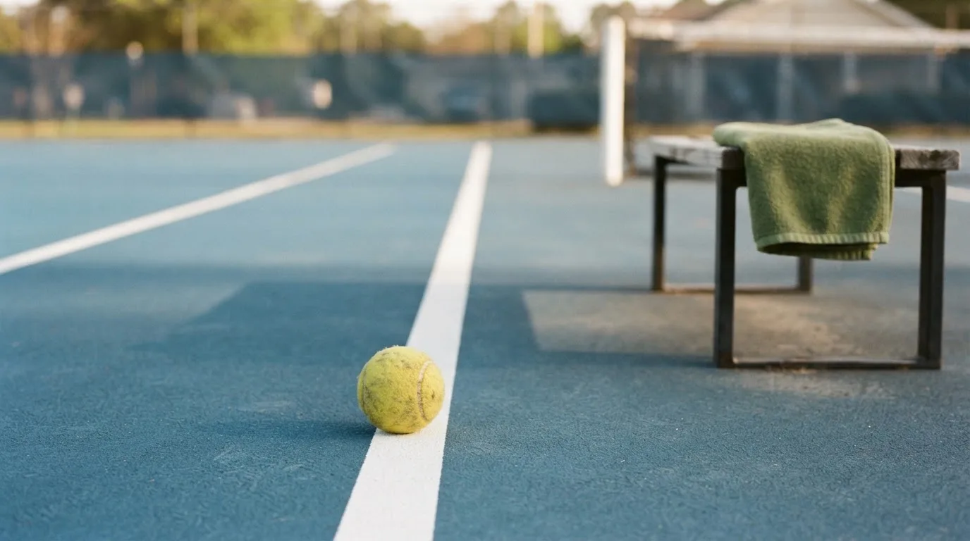 Ein gelber Tennisball liegt auf einer weißen Linie, daneben ein Handtuch auf einer Bank am Spielfeldrand.