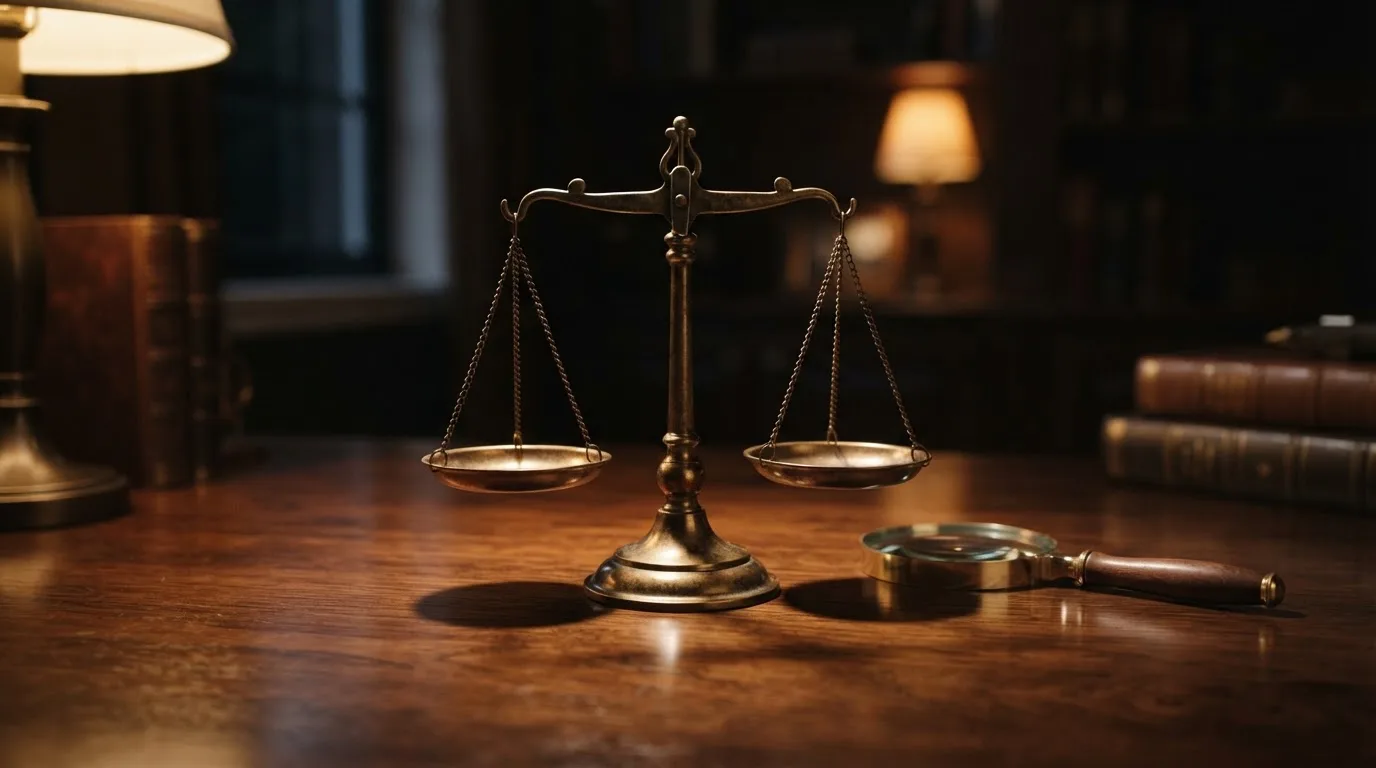 Eine Waage aus Messing steht neben einer Lupe auf einem polierten Schreibtisch im Licht einer Lampe.
