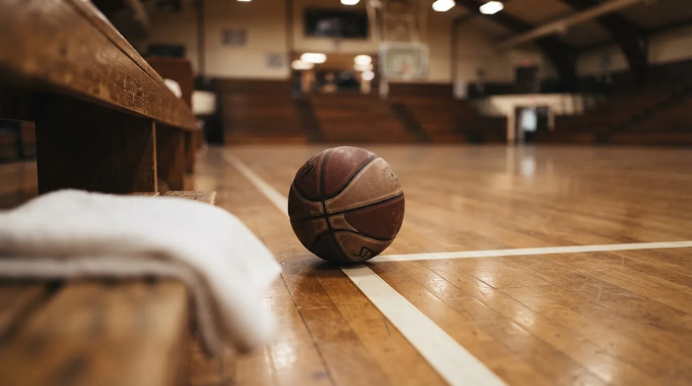Ein Basketball liegt auf der Freiwurflinie einer Halle, im Vordergrund ein Handtuch auf einer Bank.