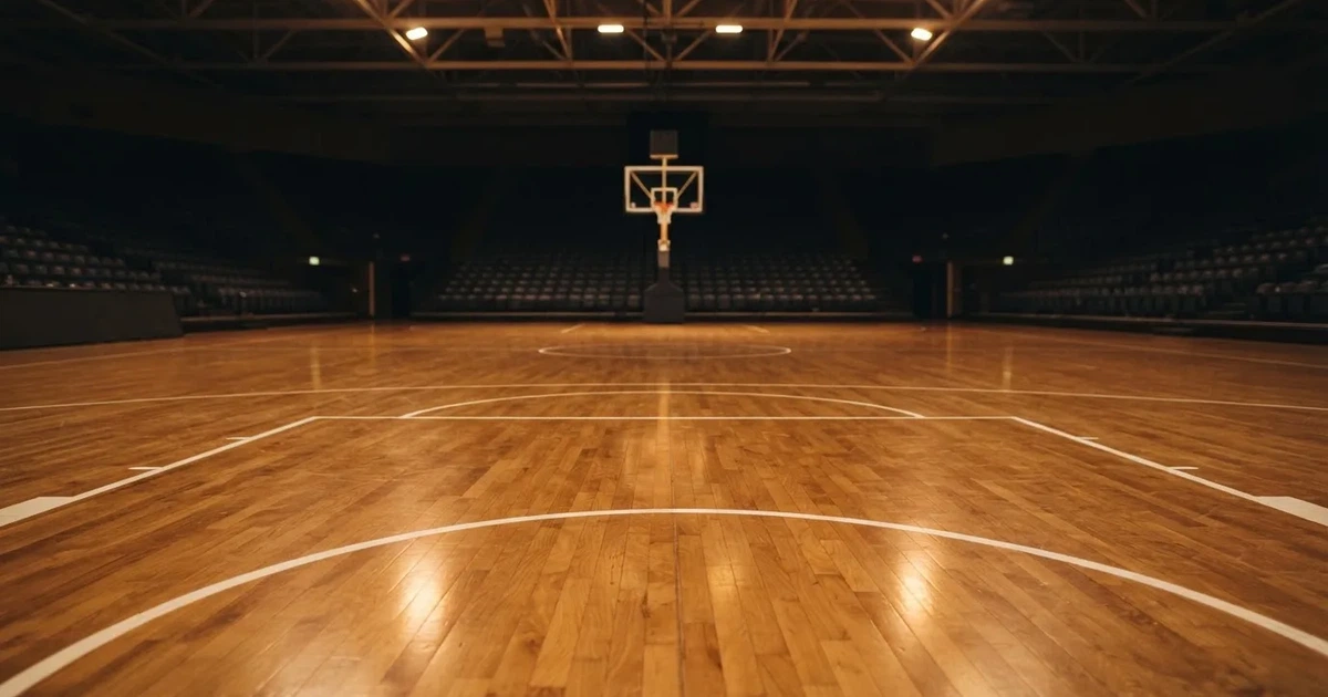 Eine leere Basketballhalle mit glänzendem Parkett und einem Korb im Hintergrund, Licht von Deckenstrahlern spiegelt sich im Boden.