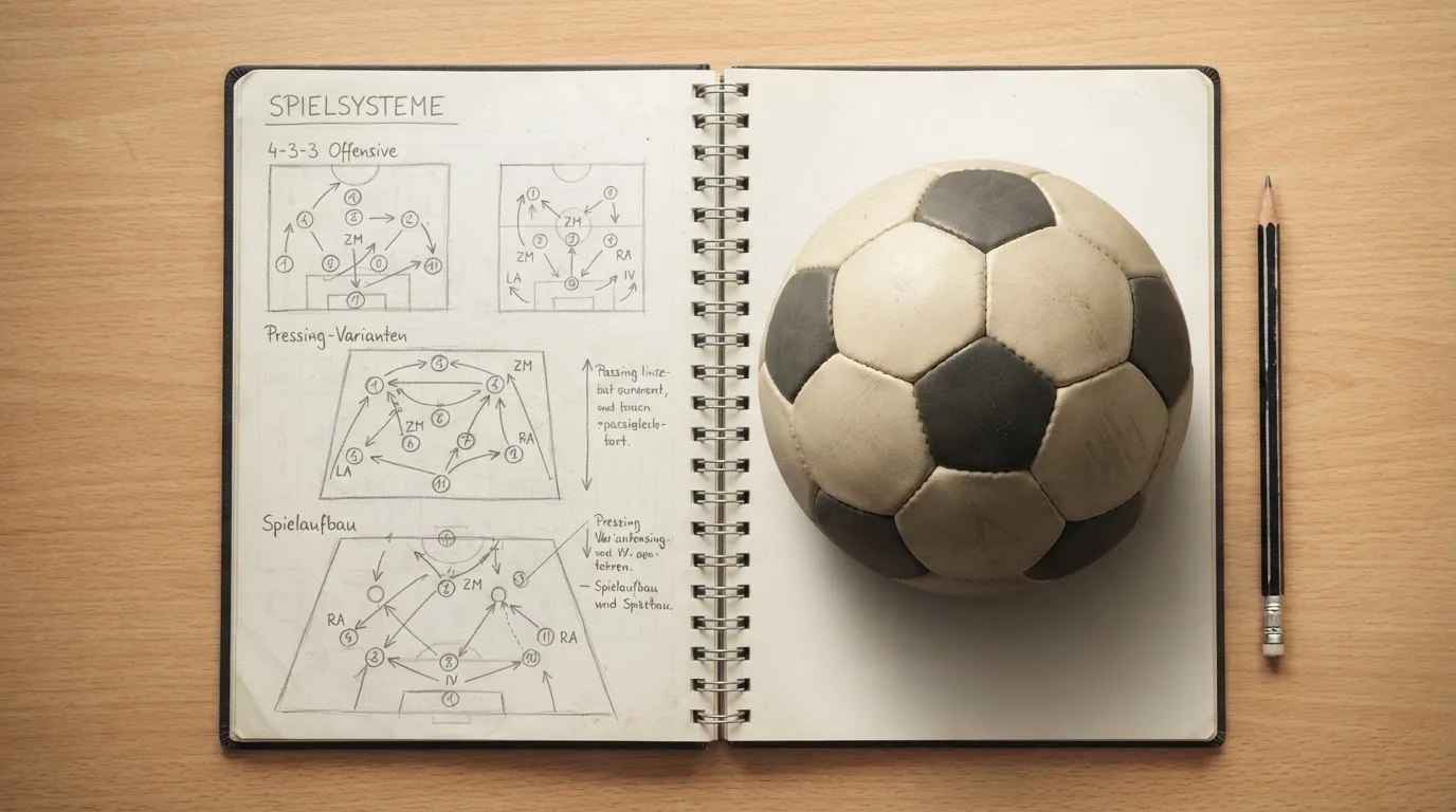 Ein Fußball liegt auf einem Notizbuch mit handgezeichneten Skizzen von Spielzügen, aufgenommen von oben auf einem Holztisch.