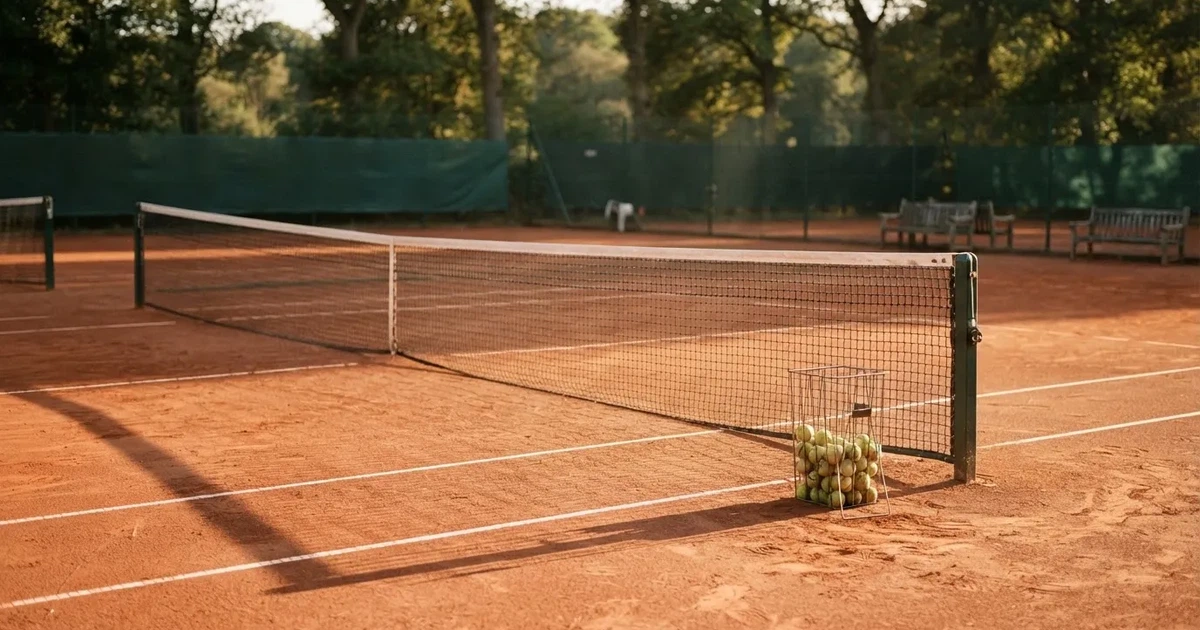 Ein Sandplatz mit frisch gezogenen Linien in der Nachmittagssonne, Netz und Ballkorb am Rand, keine Menschen.