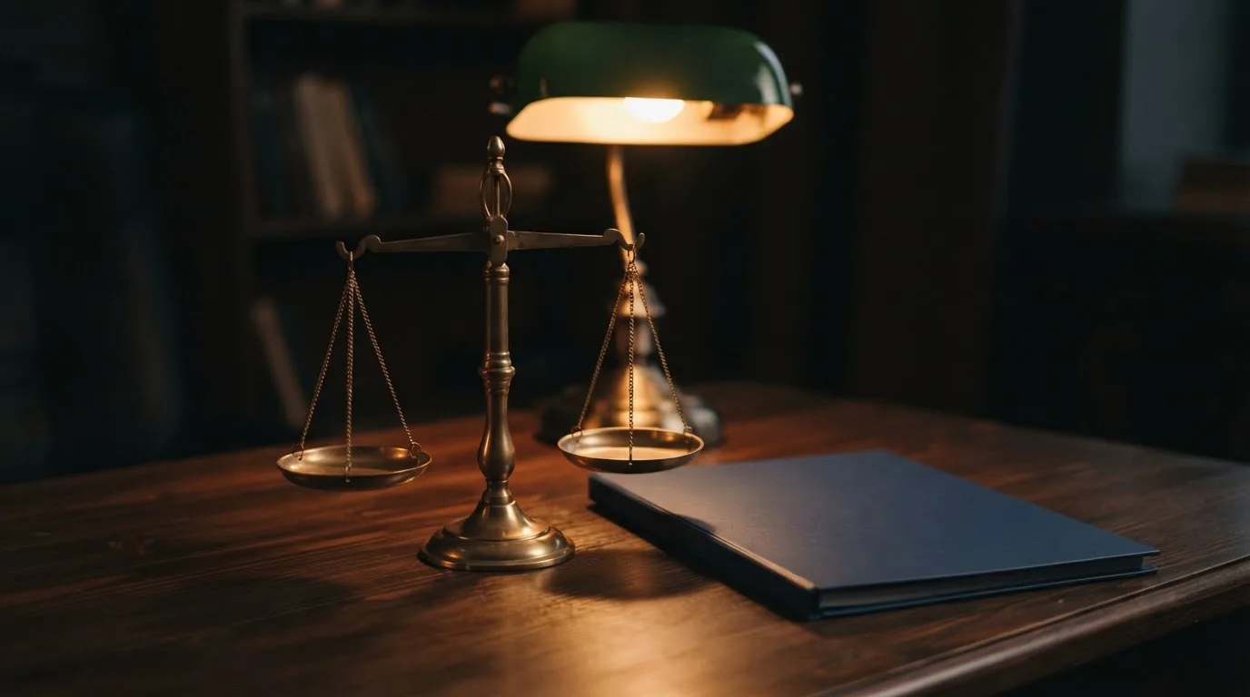 Eine Waage aus Messing und ein geschlossener Ordner ohne Beschriftung stehen neben einer Tischlampe auf einem Schreibtisch.