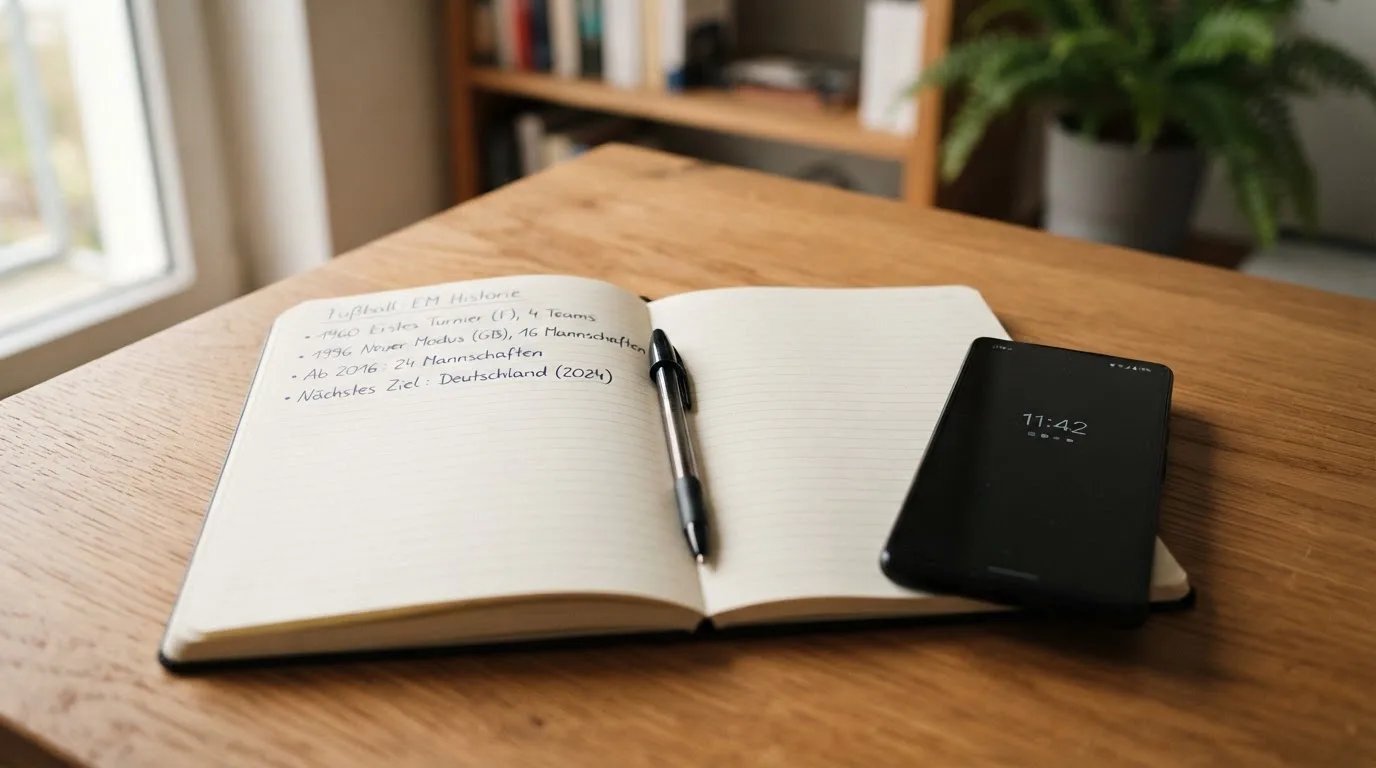 Ein Notizbuch mit handschriftlichen Notizen und ein Kugelschreiber liegen neben einem Smartphone mit dunklem Display auf einem Holztisch.