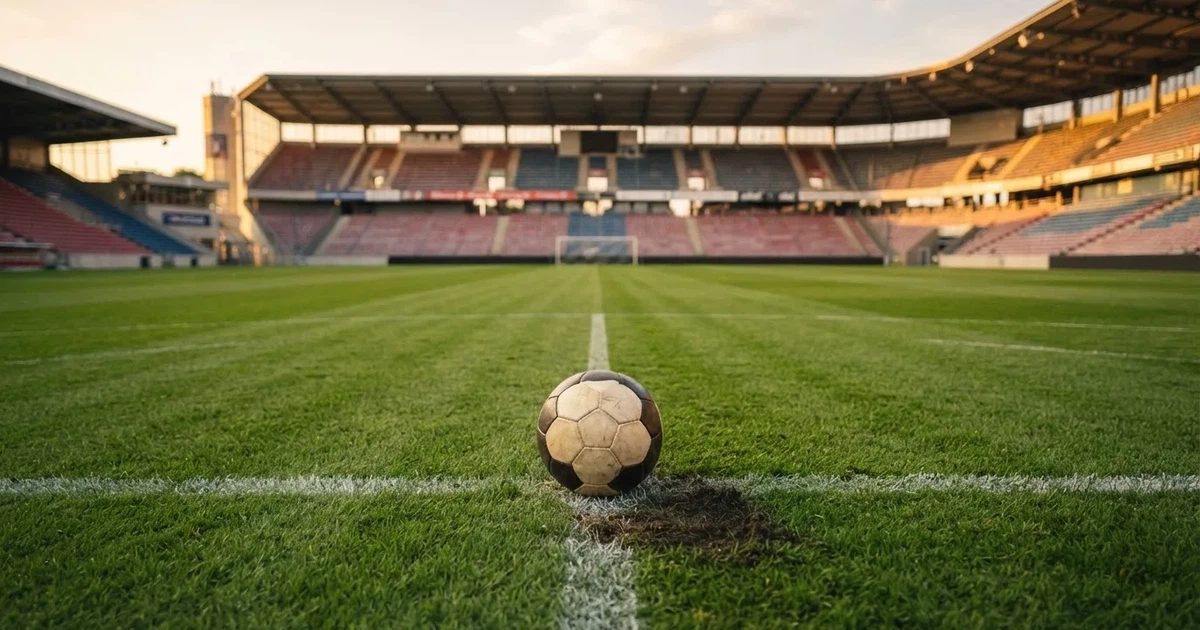 Ein Fußball liegt auf dem Anstoßpunkt eines leeren Rasenplatzes, im Hintergrund eine große Stadiontribüne im Abendlicht.