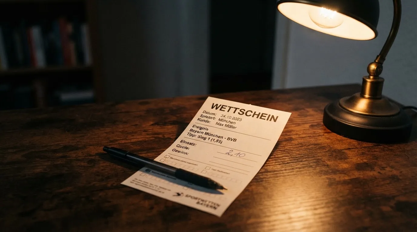 Ein leerer Wettschein aus Papier liegt neben einem Stift auf einem Schreibtisch im Licht einer kleinen Tischlampe.