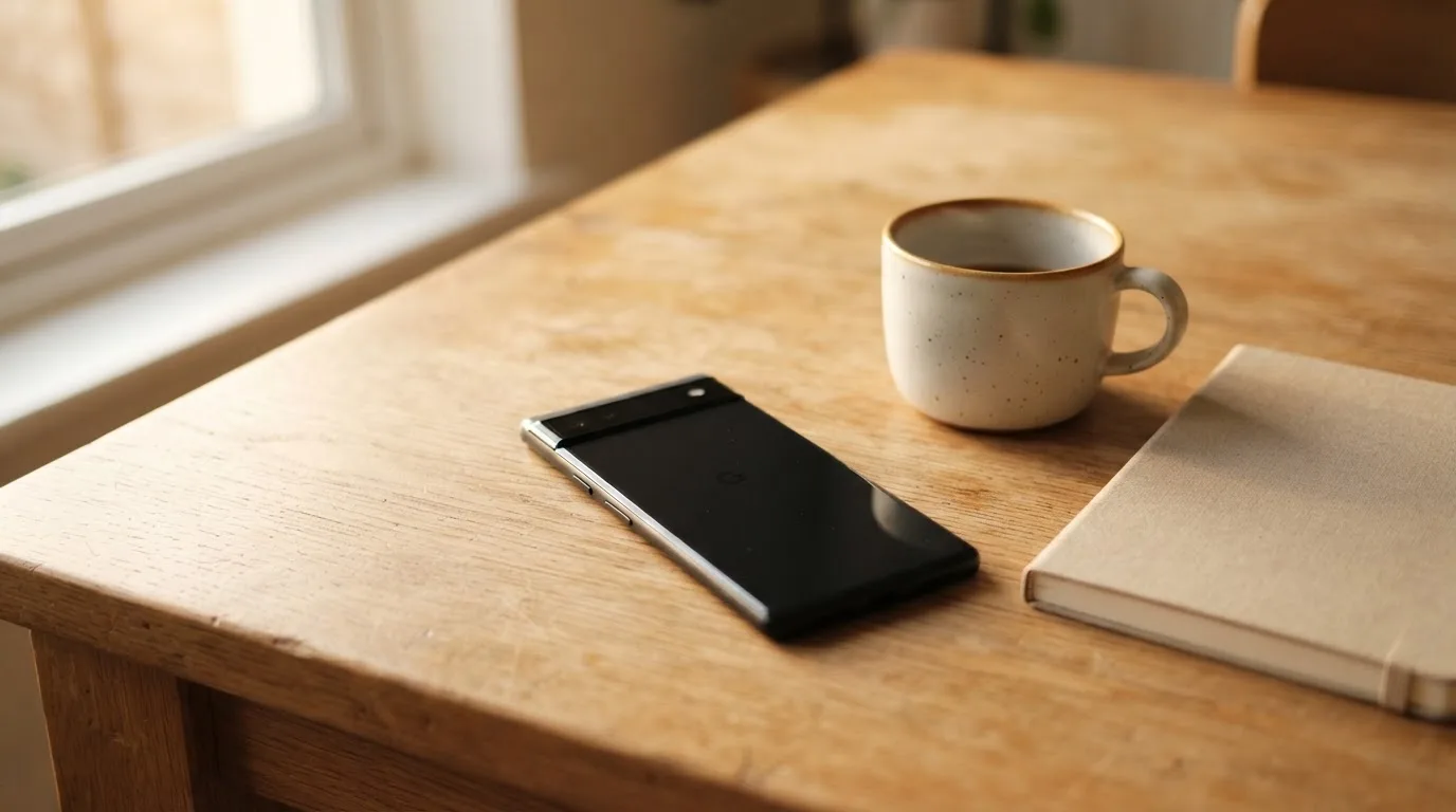 Ein Smartphone mit dunklem Display liegt neben einer Kaffeetasse und einem Notizblock auf einem hellen Tisch.