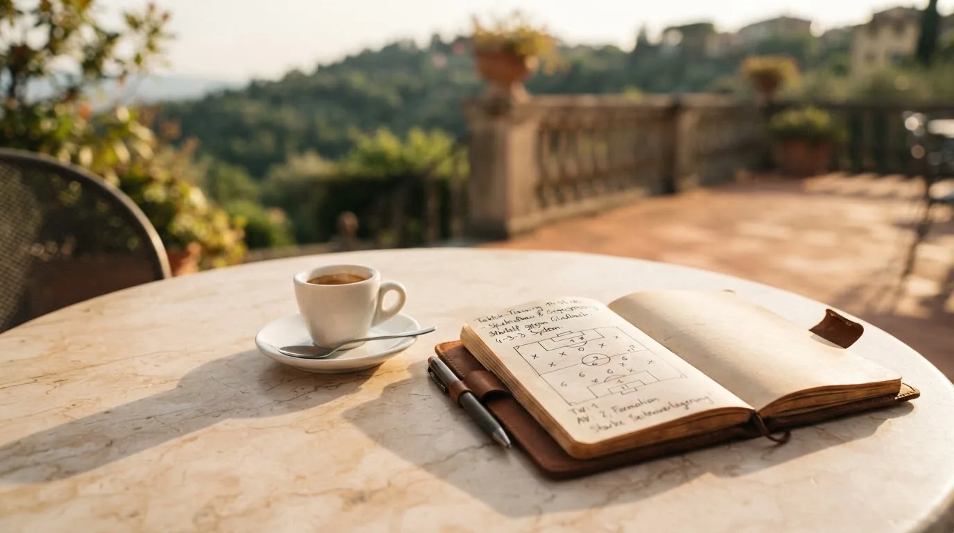 Eine Espressotasse steht auf einem kleinen Marmortisch einer Terrasse, daneben ein Notizheft mit handschriftlichen Skizzen.
