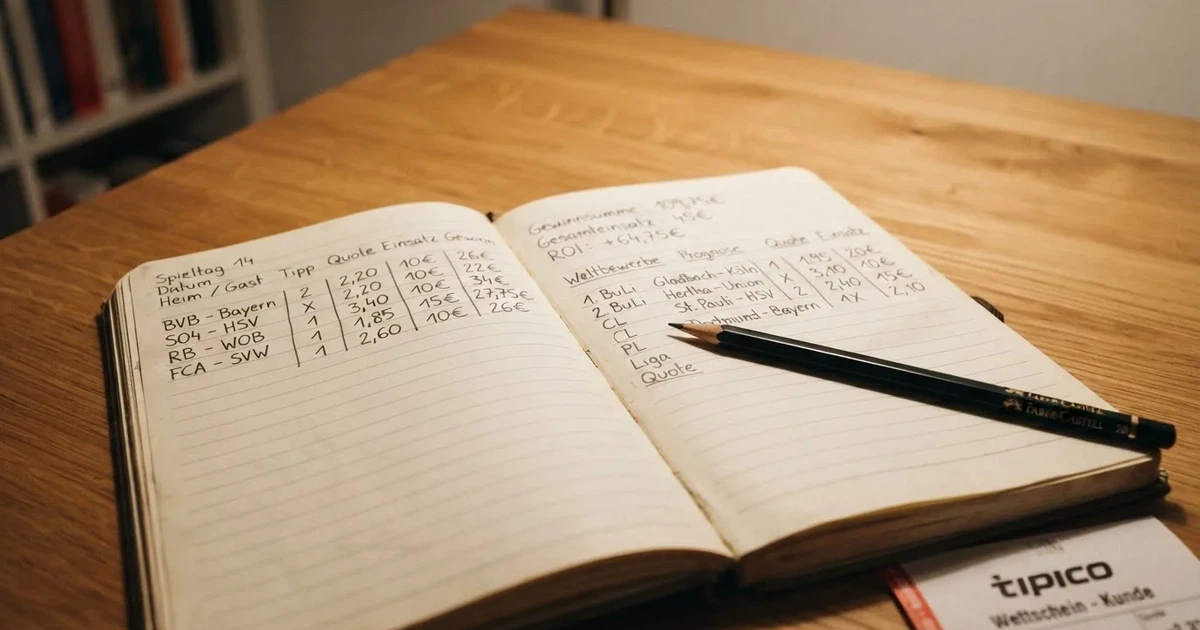 Ein aufgeschlagenes Notizbuch mit handschriftlichen Zahlenreihen und ein Bleistift liegen neben einem Taschenrechner auf einem Schreibtisch.