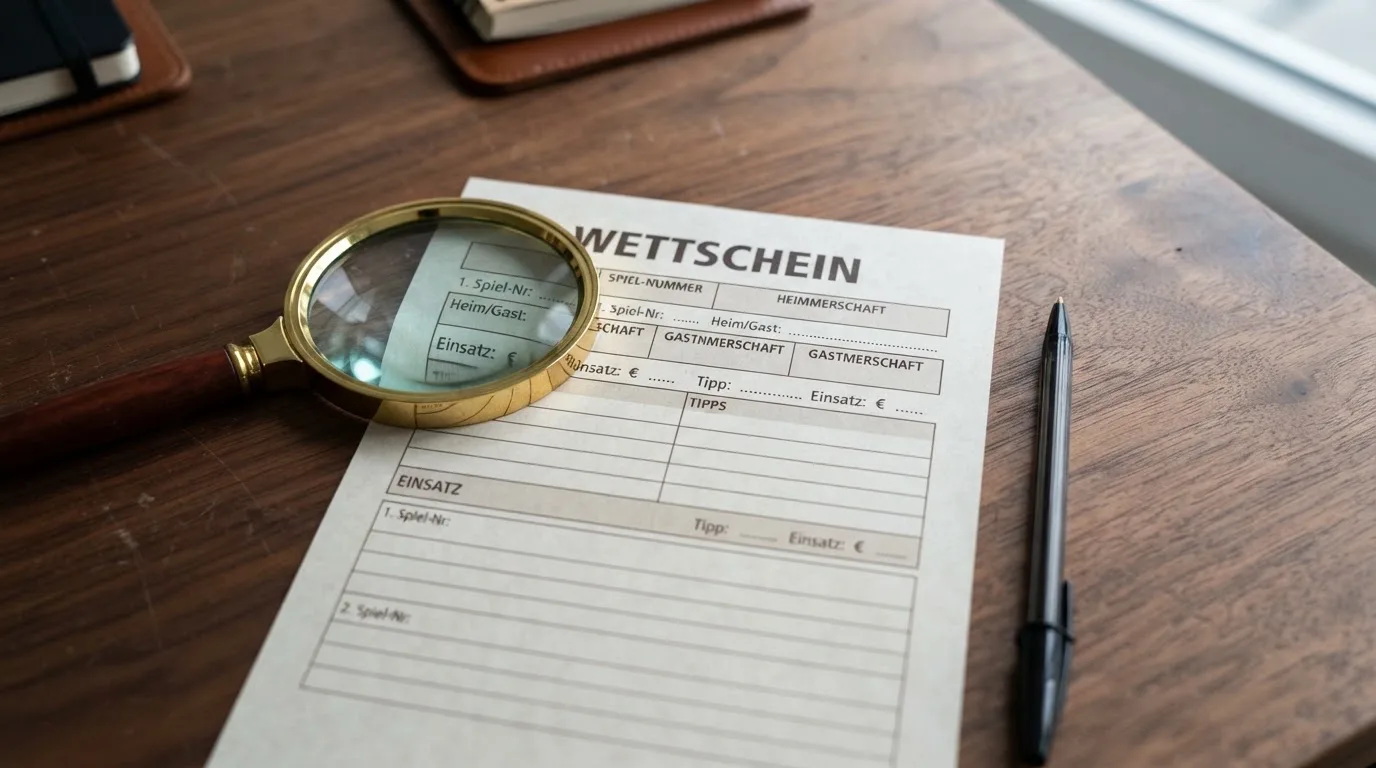 Ein leerer Wettschein aus Papier und ein Kugelschreiber liegen auf einem Schreibtisch neben einer Lupe.