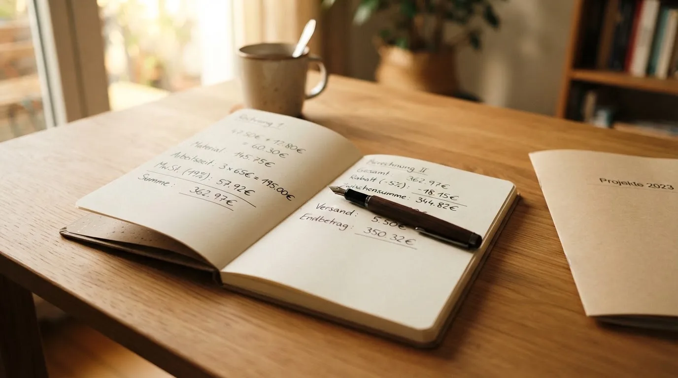 Ein Notizbuch mit handschriftlichen Rechnungen und ein Taschenrechner liegen auf einem aufgeräumten Schreibtisch in warmem Licht.