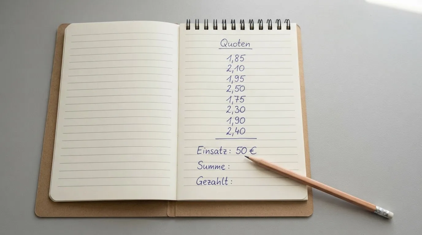 Ein Taschenrechner, ein Bleistift und ein Block mit handschriftlichen Zahlenreihen liegen auf einer grauen Arbeitsfläche.