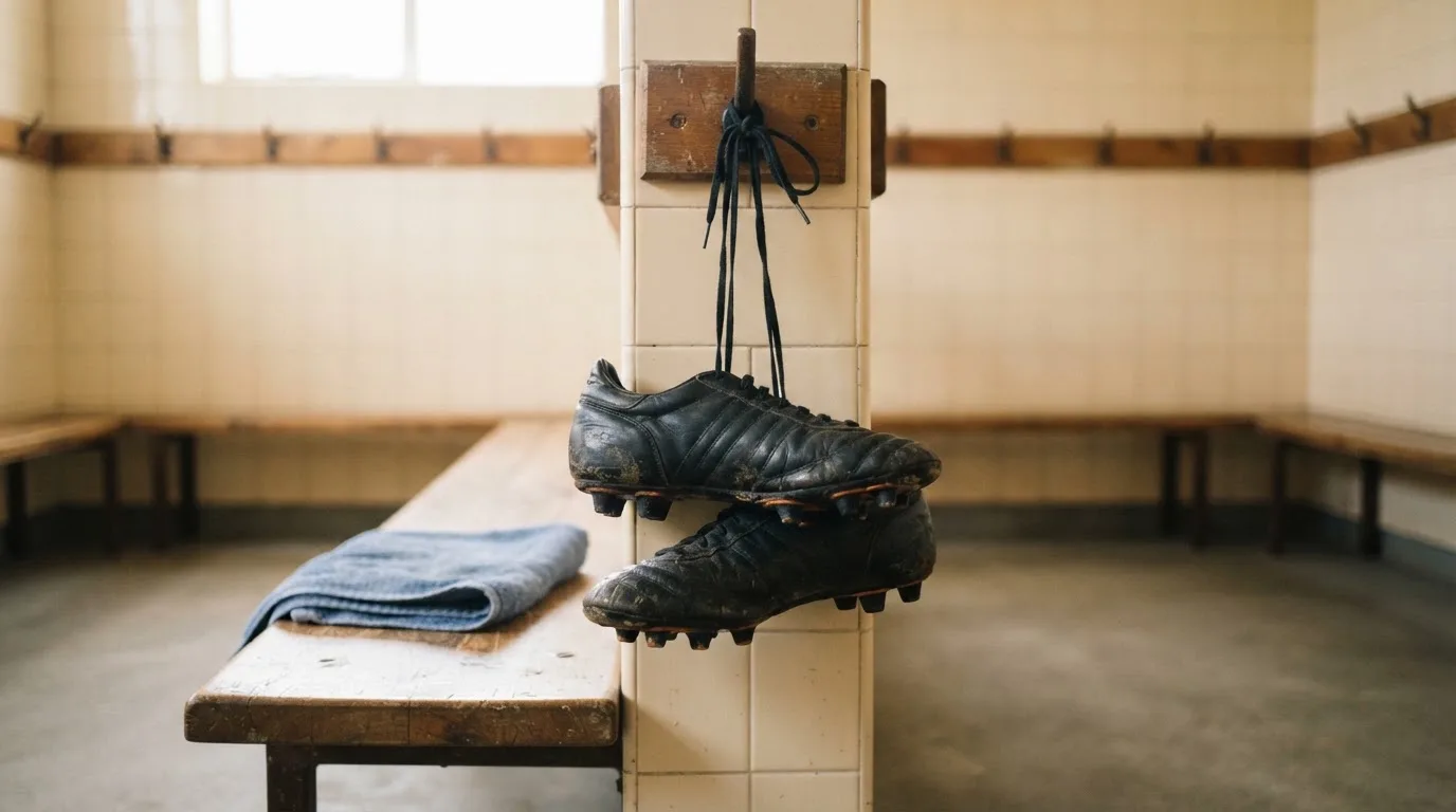 Ein Paar Fußballschuhe hängt an den Schnürsenkeln an einem Holzhaken in einer leeren Umkleidekabine.