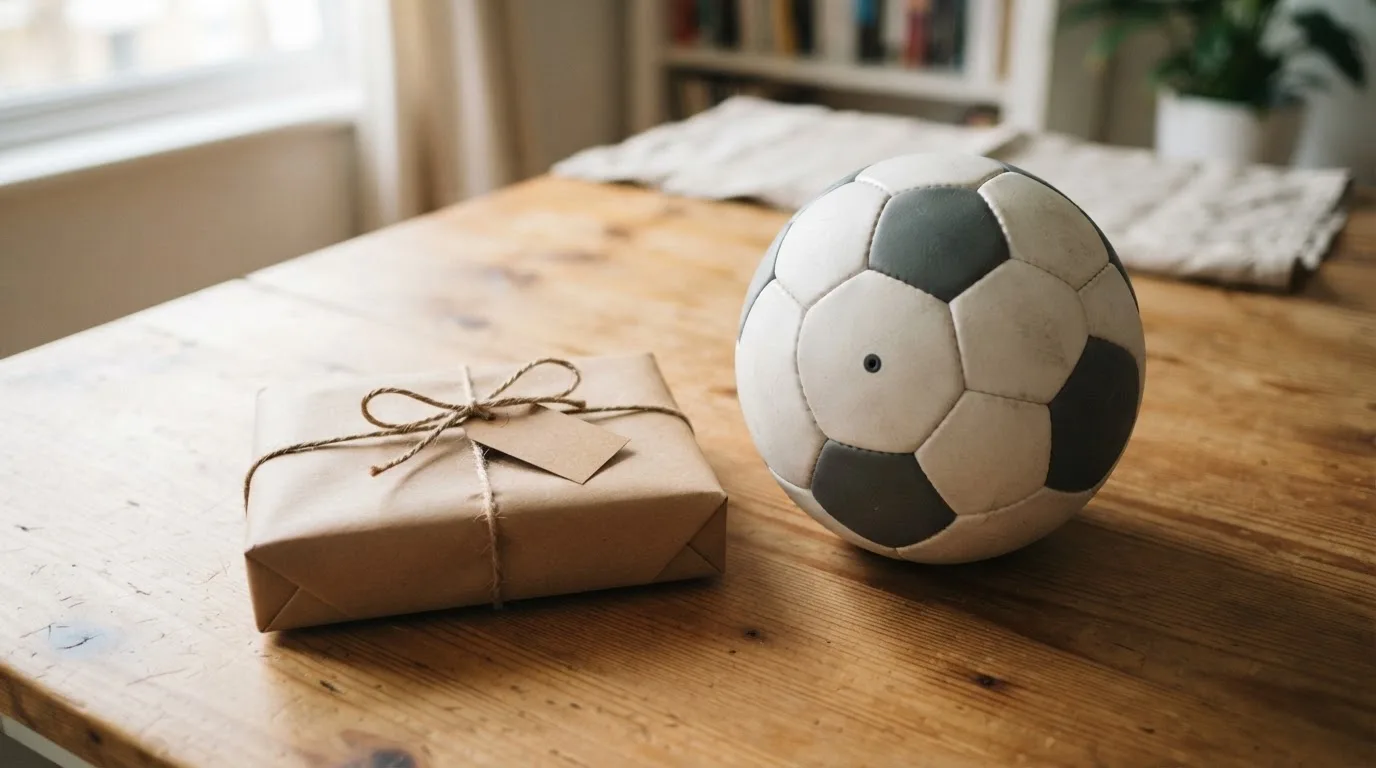 Ein kleines verschnürtes Geschenkpaket aus braunem Papier steht neben einem Fußball auf einem Holztisch.