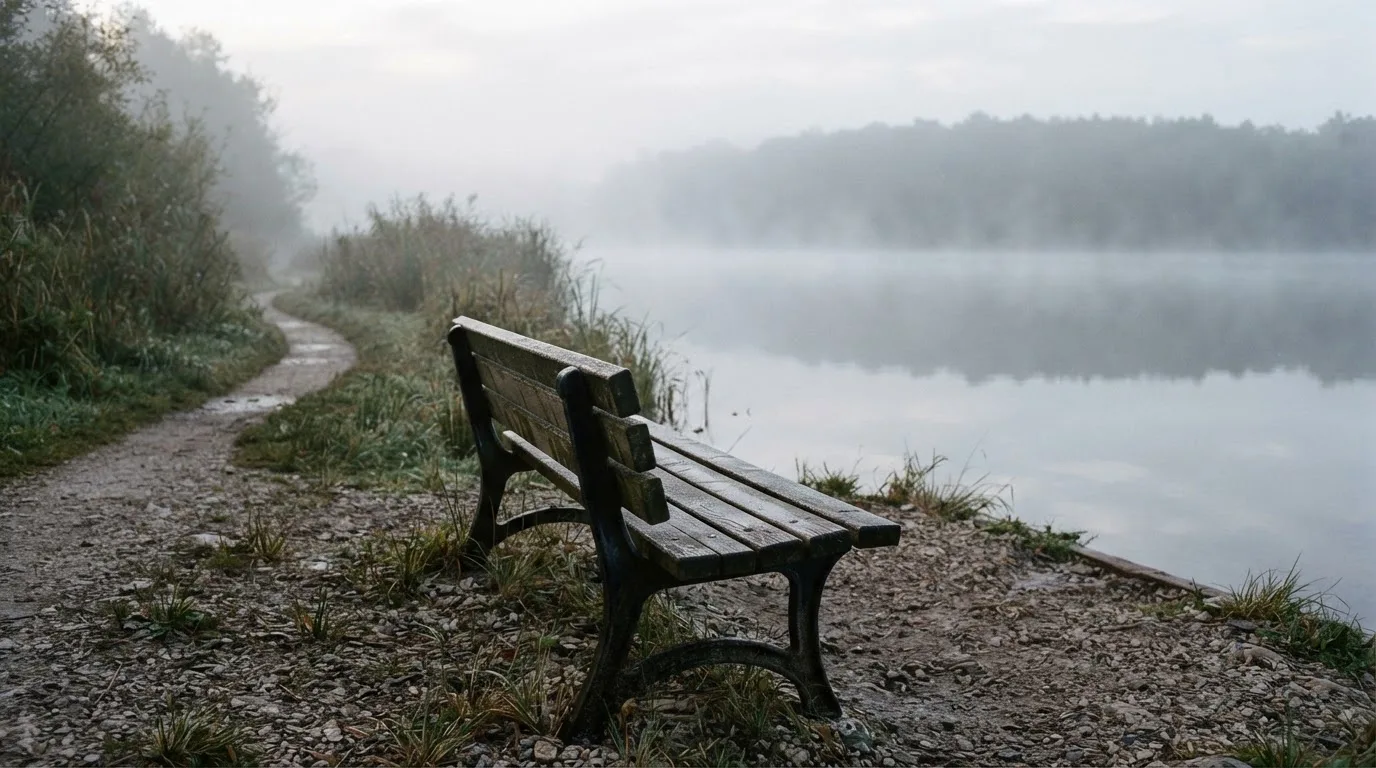 Eine leere Parkbank steht an einem ruhigen See im Morgenlicht, ein Spazierweg führt in den Nebel.