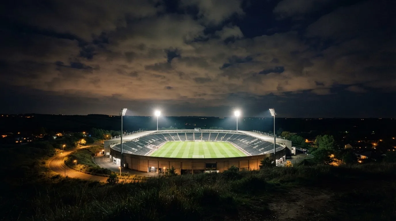 Ein Fußballstadion bei Nacht aus der Ferne betrachtet, das Flutlicht erhellt den Rasen, über den Tribünen ziehen Wolken.
