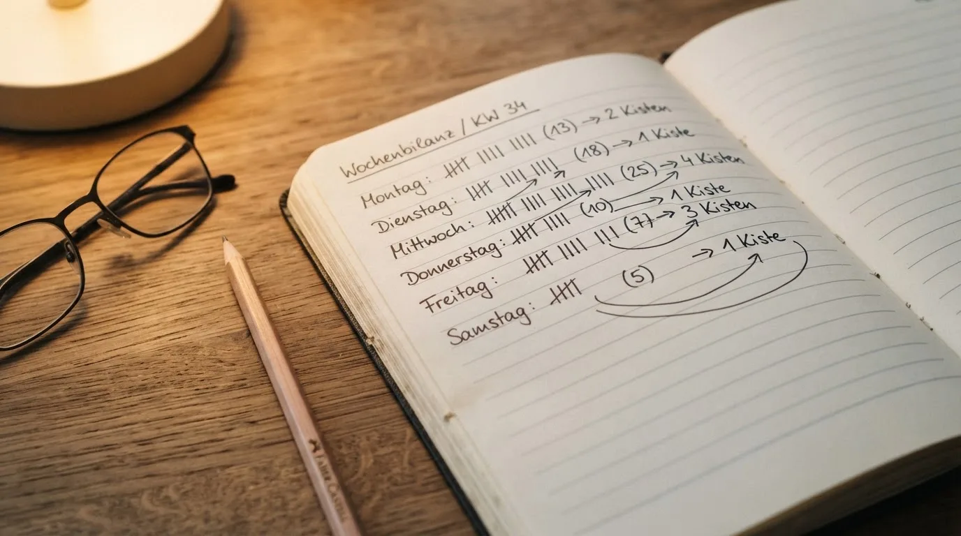 Ein Notizbuch mit handschriftlichen Strichlisten und Pfeilen liegt neben einem Bleistift und einer Lesebrille auf einem Tisch.