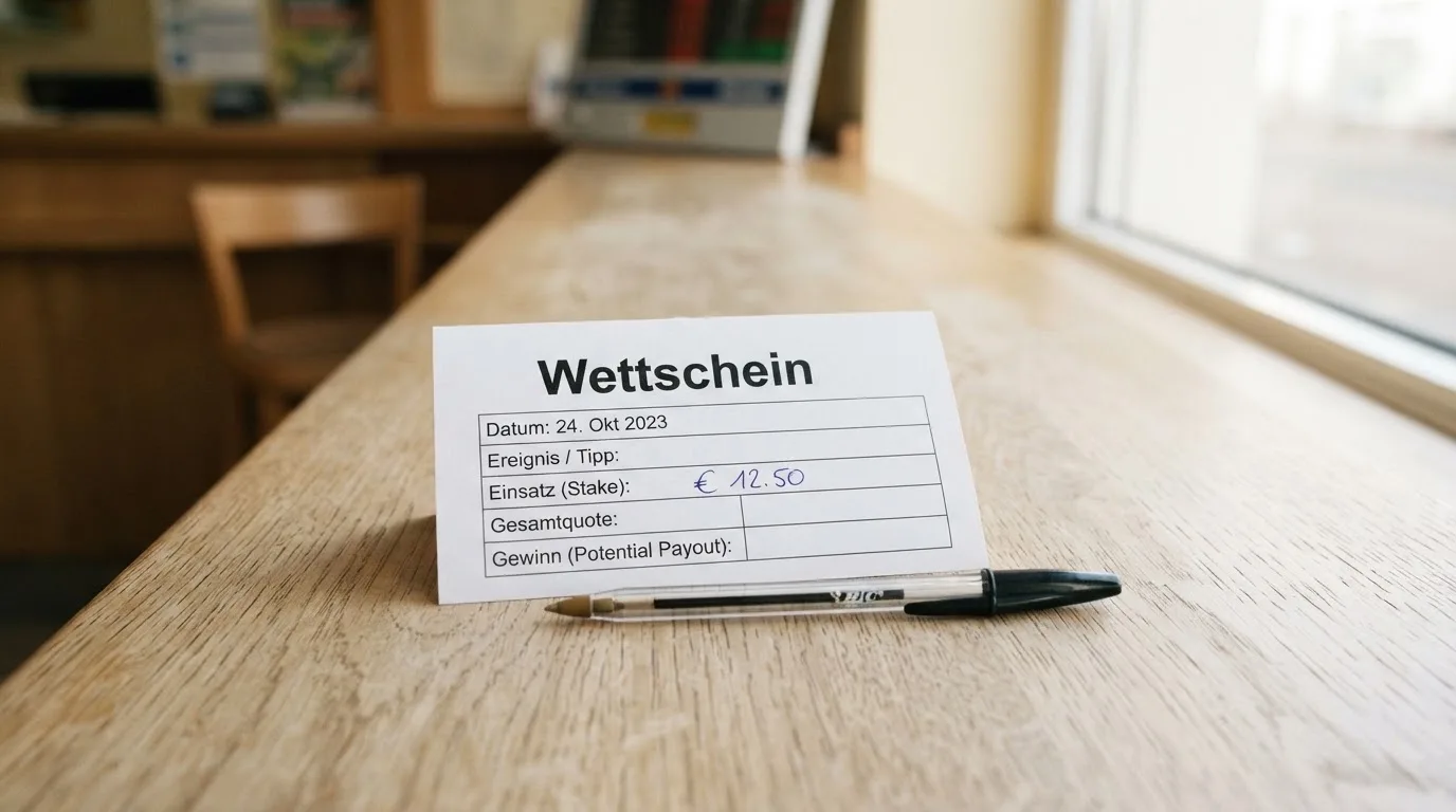 Ein leerer Papier-Wettschein und ein Kugelschreiber liegen auf einer Theke aus hellem Holz im Tageslicht.