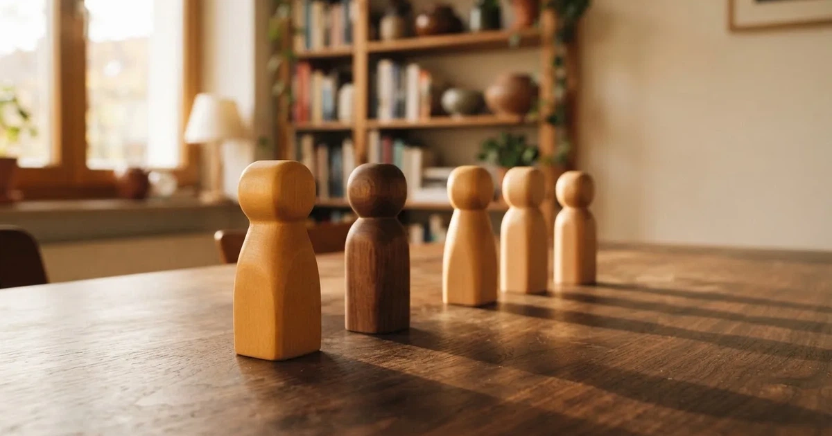 Fünf Holzfiguren stehen in einer Reihe auf einem Tisch, die erste Figur ist leicht nach vorn gerückt.