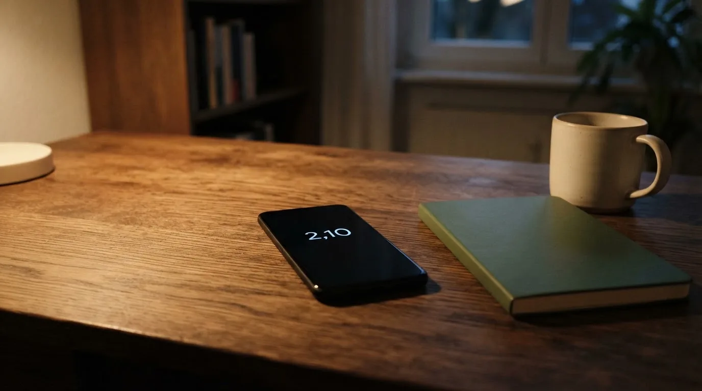 Ein Smartphone liegt mit dunklem Display auf einem Schreibtisch neben einem Notizbuch und einer Kaffeetasse.