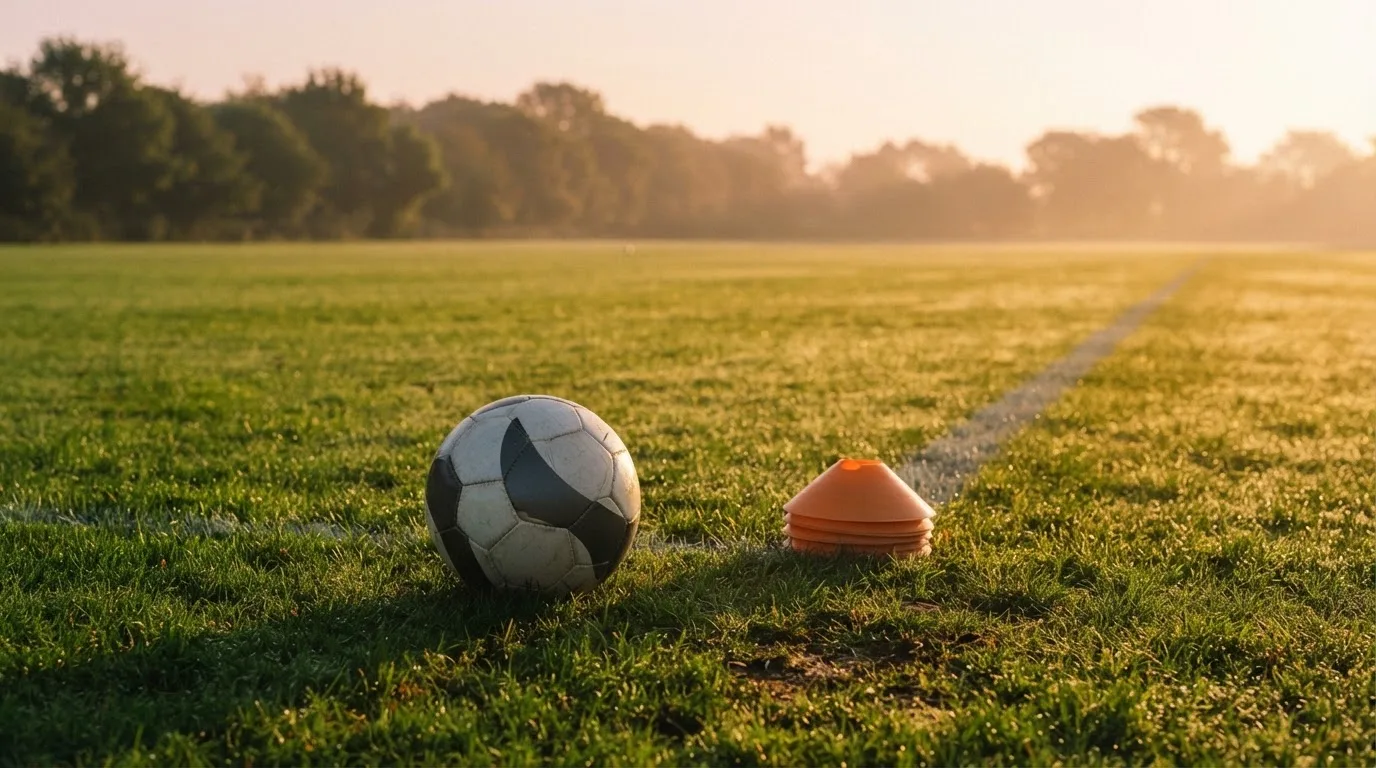 Ein Fußball liegt auf einem Rasenplatz bei Sonnenaufgang, daneben ein kleiner Stapel Trainingshütchen.