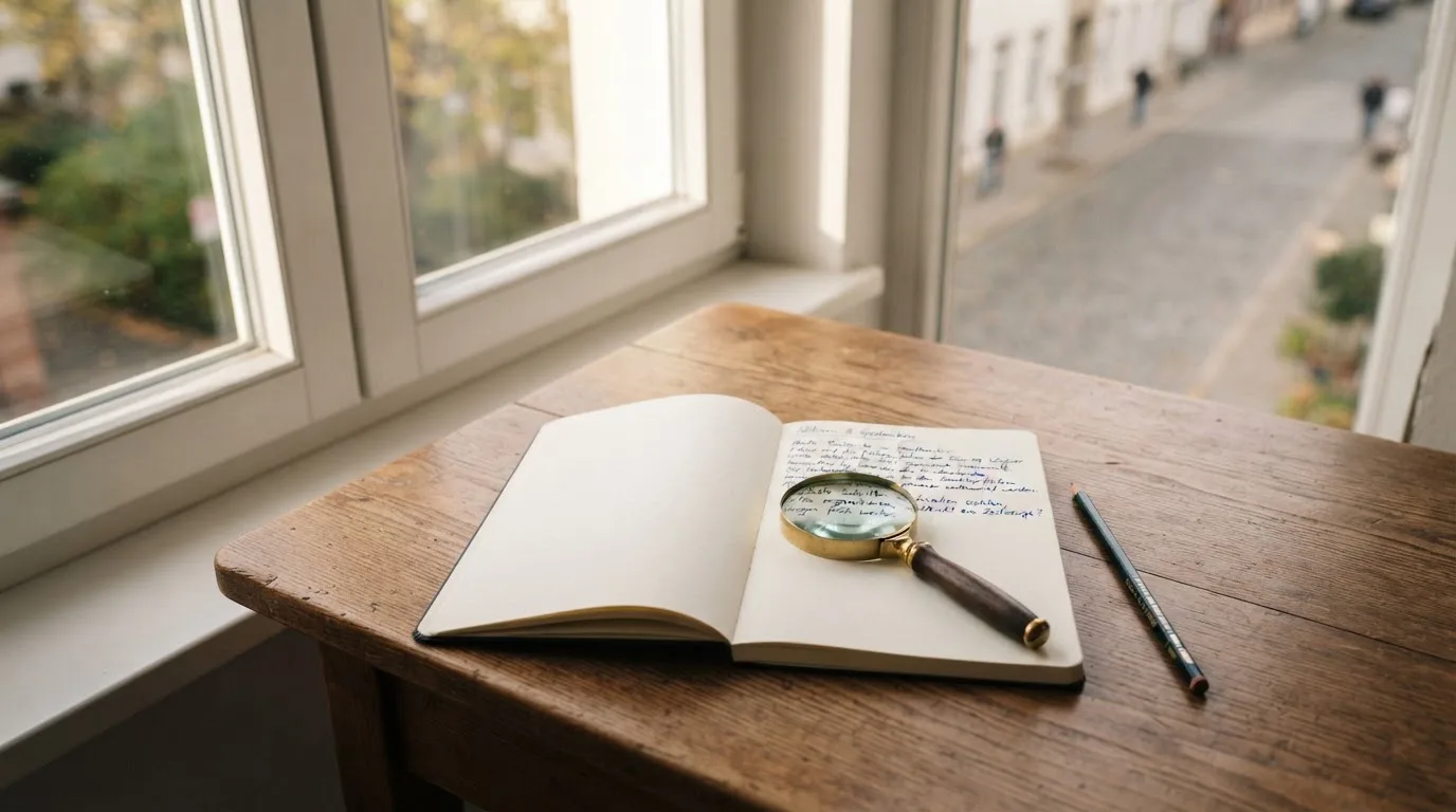 Ein schmaler Schreibtisch am Fenster mit einem Notizbuch, einer Lupe und einem Bleistift im Morgenlicht.