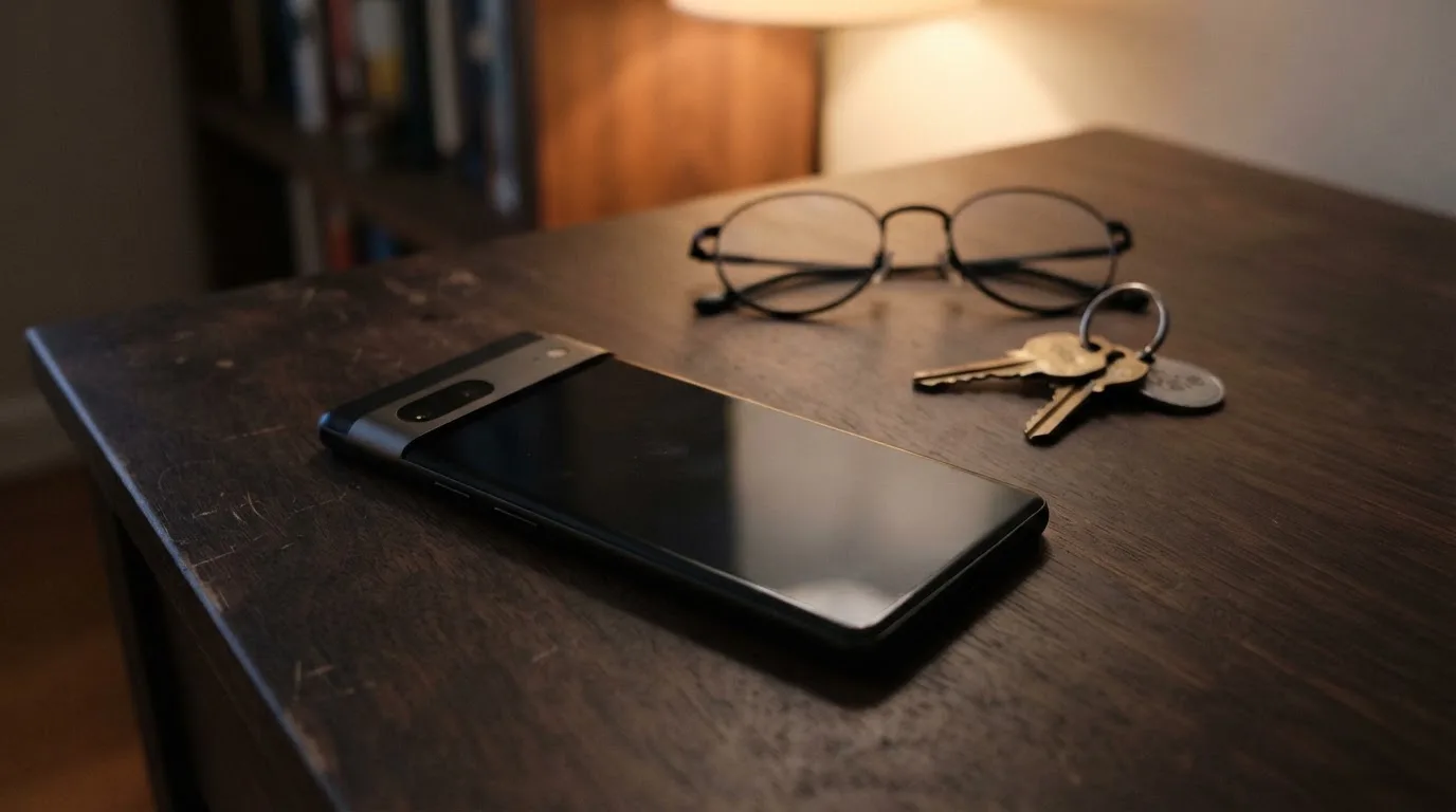 Ein Smartphone liegt mit dunklem Display auf einem Schreibtisch neben einem Schlüsselbund und einer Brille.
