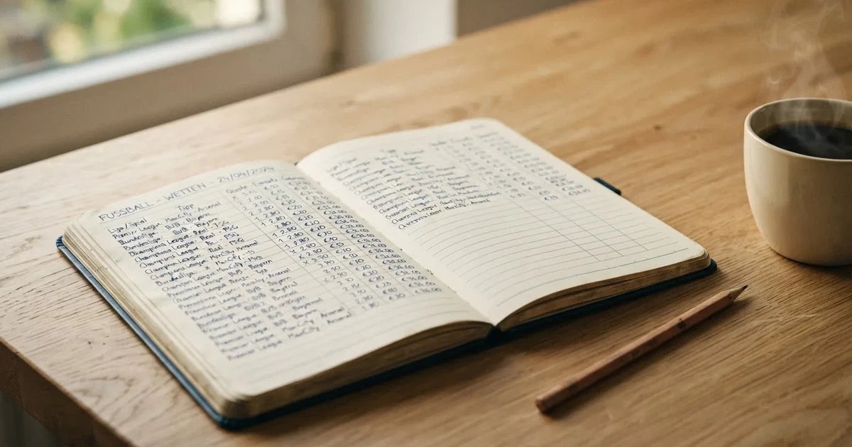 Handschriftliche Zahlenkolonnen in einem Notizbuch, daneben ein Bleistift und eine Tasse Kaffee auf hellem Holz.