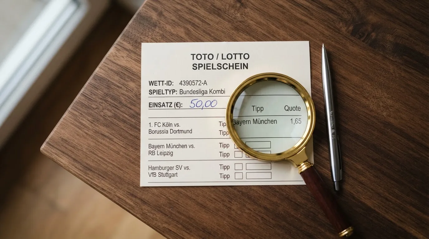 Ein leerer Wettschein aus Papier und ein Kugelschreiber liegen auf einem Schreibtisch neben einer Lupe.