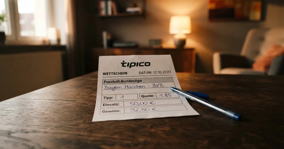 Ein leerer Papier-Wettschein liegt neben einem Kugelschreiber auf einem Tisch, ohne lesbaren Aufdruck.