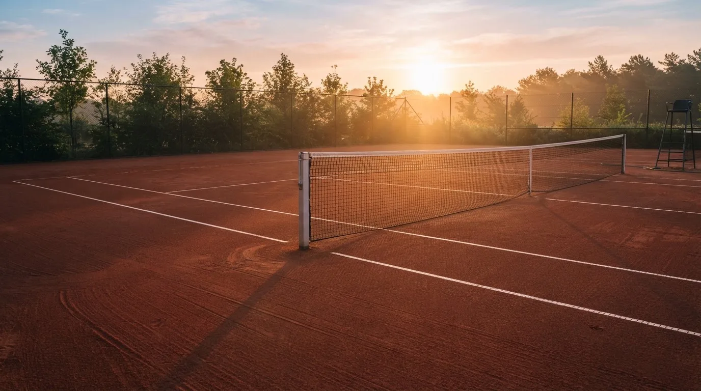 Ein Tennisplatz aus Sand bei Sonnenaufgang, das Netz im Gegenlicht, kein Mensch zu sehen.