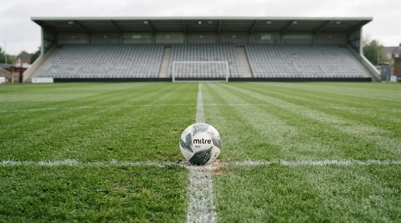 Ein Fußball liegt auf dem Anstoßpunkt eines leeren Rasenplatzes, im Hintergrund eine ruhige Tribüne unter bedecktem Himmel.