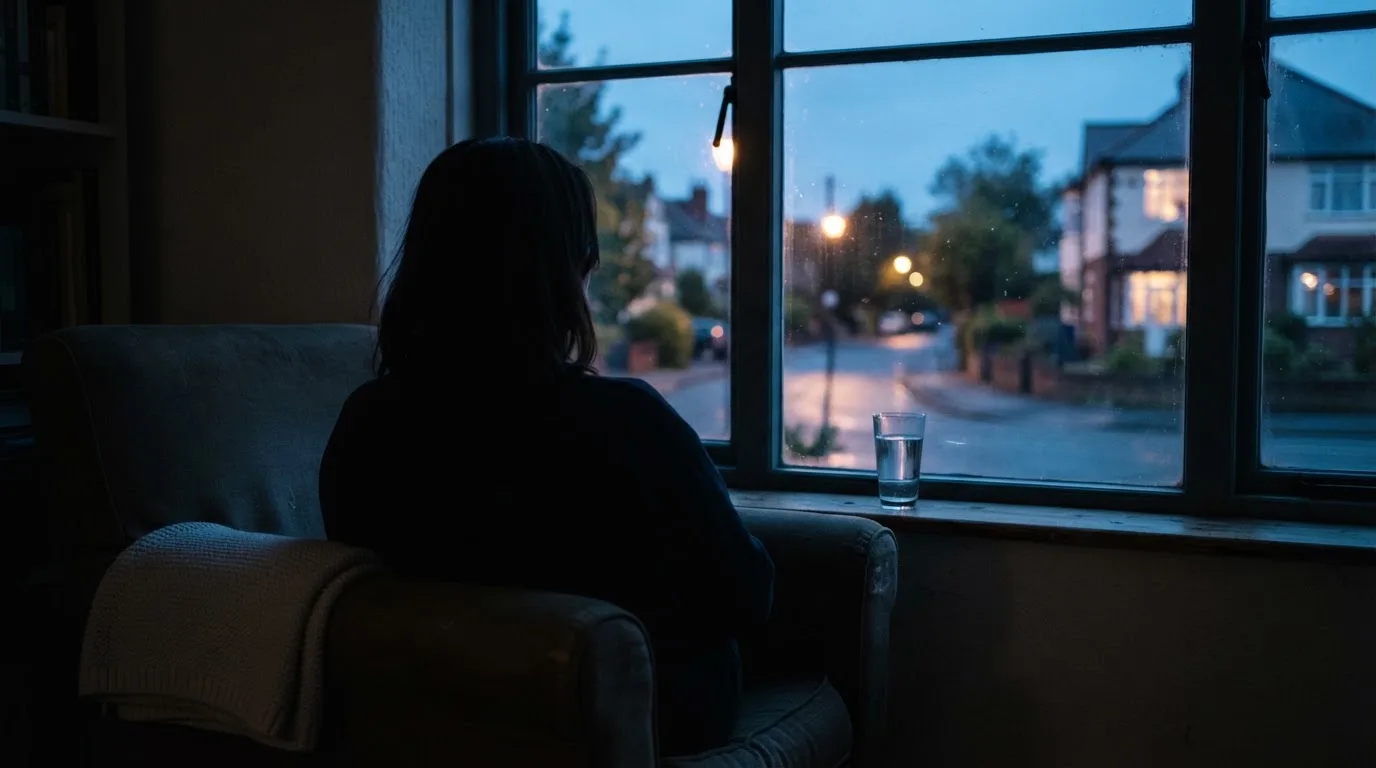 Die Silhouette einer Person sitzt am Abend am Fenster und blickt auf eine Straße, auf dem Fensterbrett steht ein Glas Wasser.